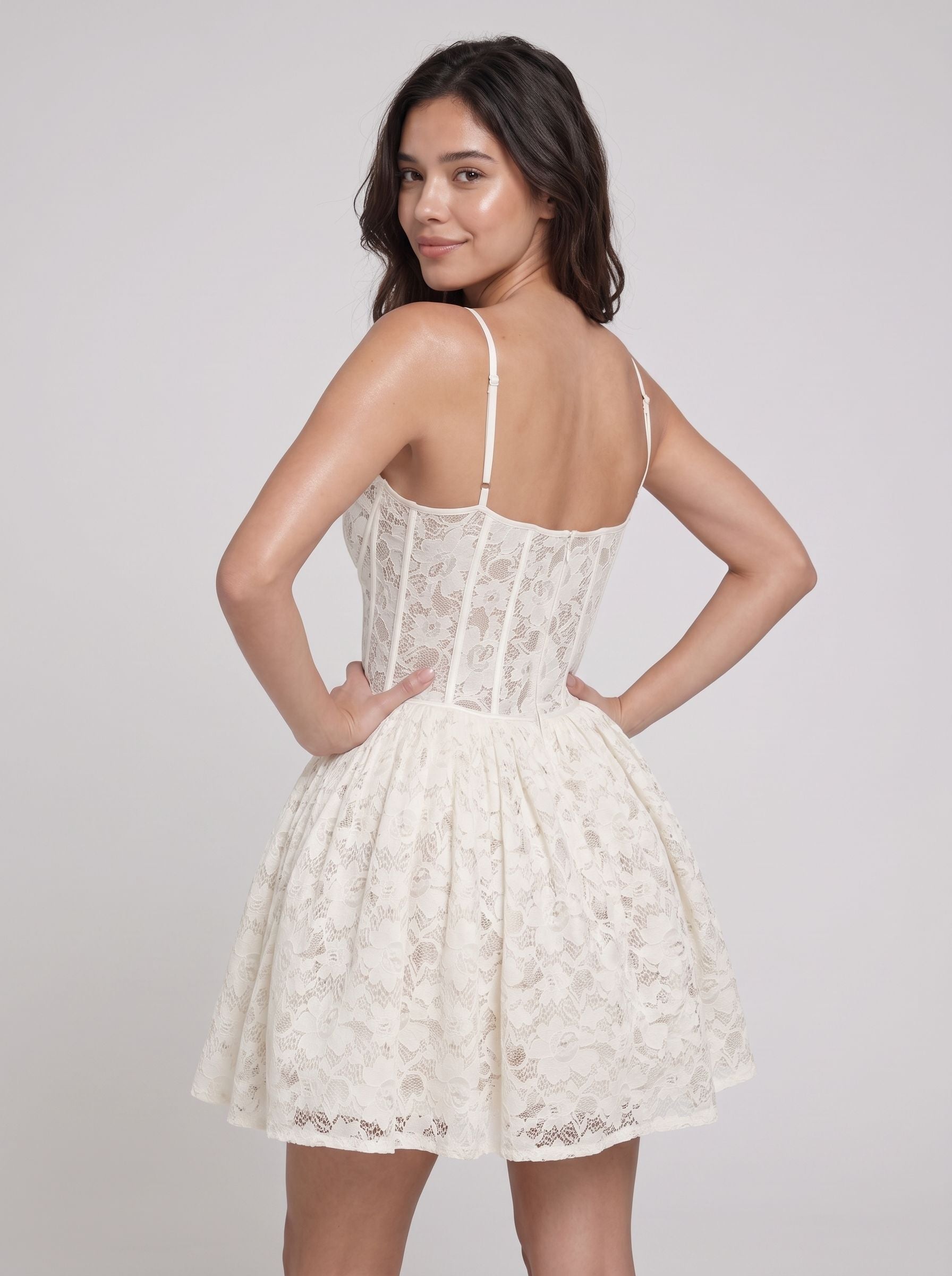 Ivory Lace A-Line Sweetheart Back Zip Short Dress with Ruffle Trim - Curvevia
