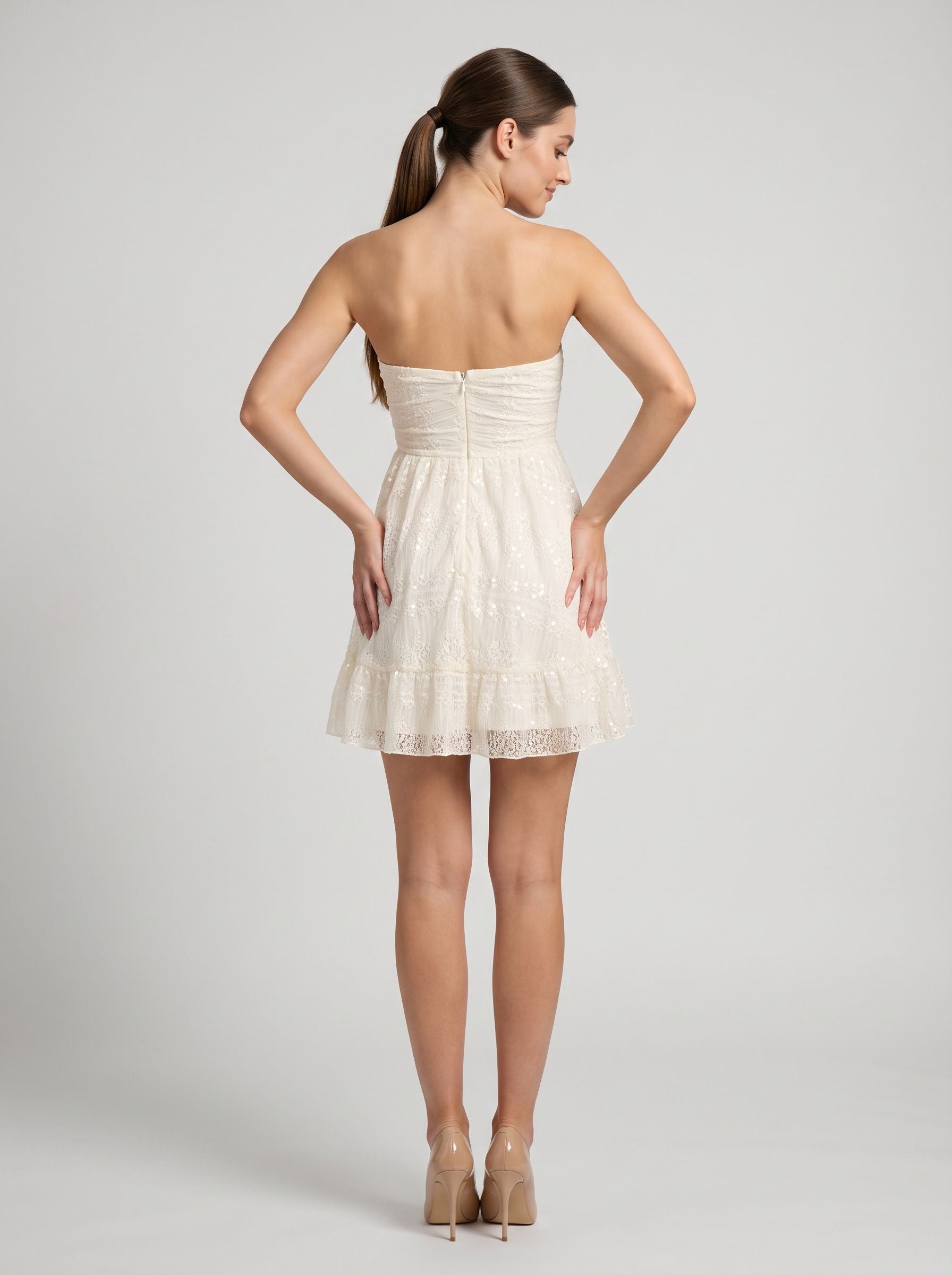 Ivory Lace A-Line Sweetheart Back Zip Short Dress with Cutout - Curvevia