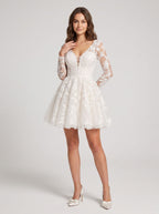 Ivory Lace A-Line V-Neck Illusion Mini Dress with Long Sleeves - Curvevia