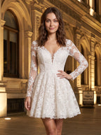 Ivory Lace A-Line V-Neck Illusion Mini Dress with Long Sleeves - Curvevia