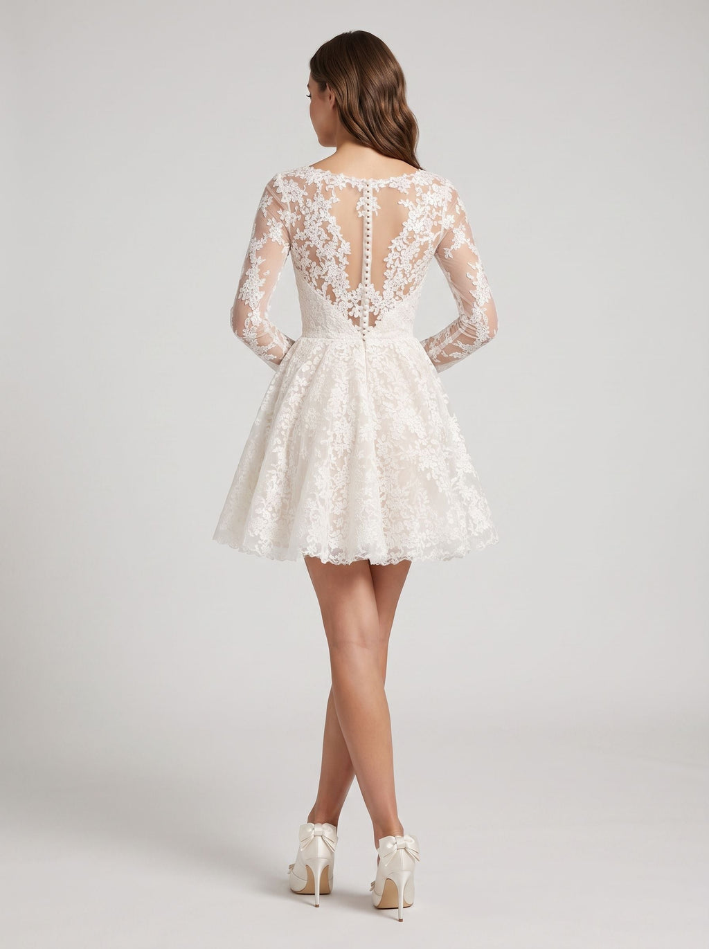 Ivory Lace A-Line V-Neck Illusion Mini Dress with Long Sleeves - Curvevia
