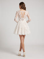 Ivory Lace A-Line V-Neck Illusion Mini Dress with Long Sleeves - Curvevia