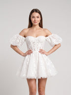Ivory Lace A-Line Off-the-Shoulder Back Zip Short Dress with Scalloped Lace Trim - Curvevia