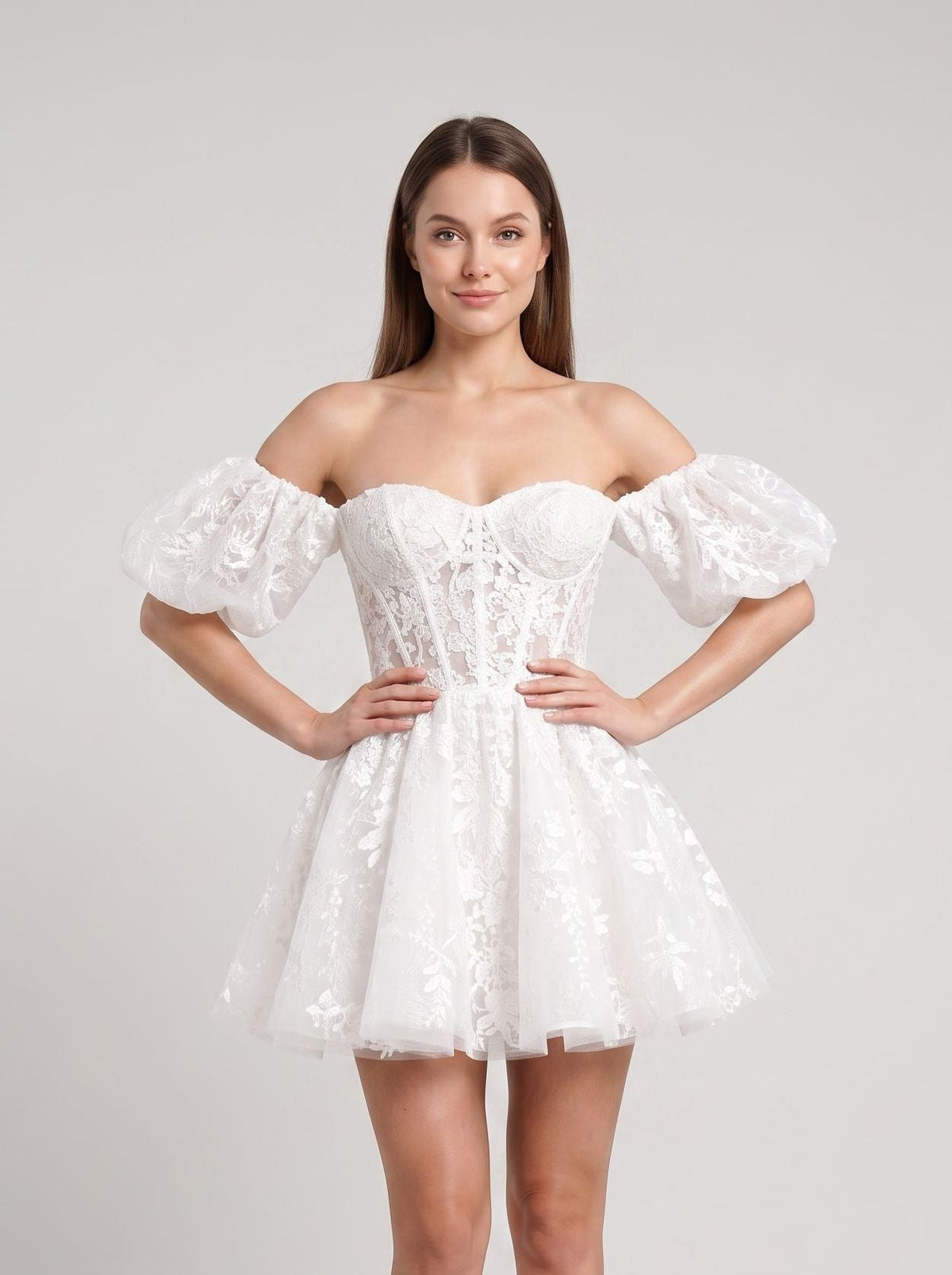 Ivory Lace A-Line Off-the-Shoulder Back Zip Short Dress with Scalloped Lace Trim - Curvevia