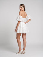 Ivory Lace A-Line Off-the-Shoulder Back Zip Short Dress with Scalloped Lace Trim - Curvevia