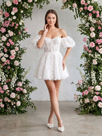 Ivory Lace A-Line Off-the-Shoulder Back Zip Short Dress with Scalloped Lace Trim - Curvevia