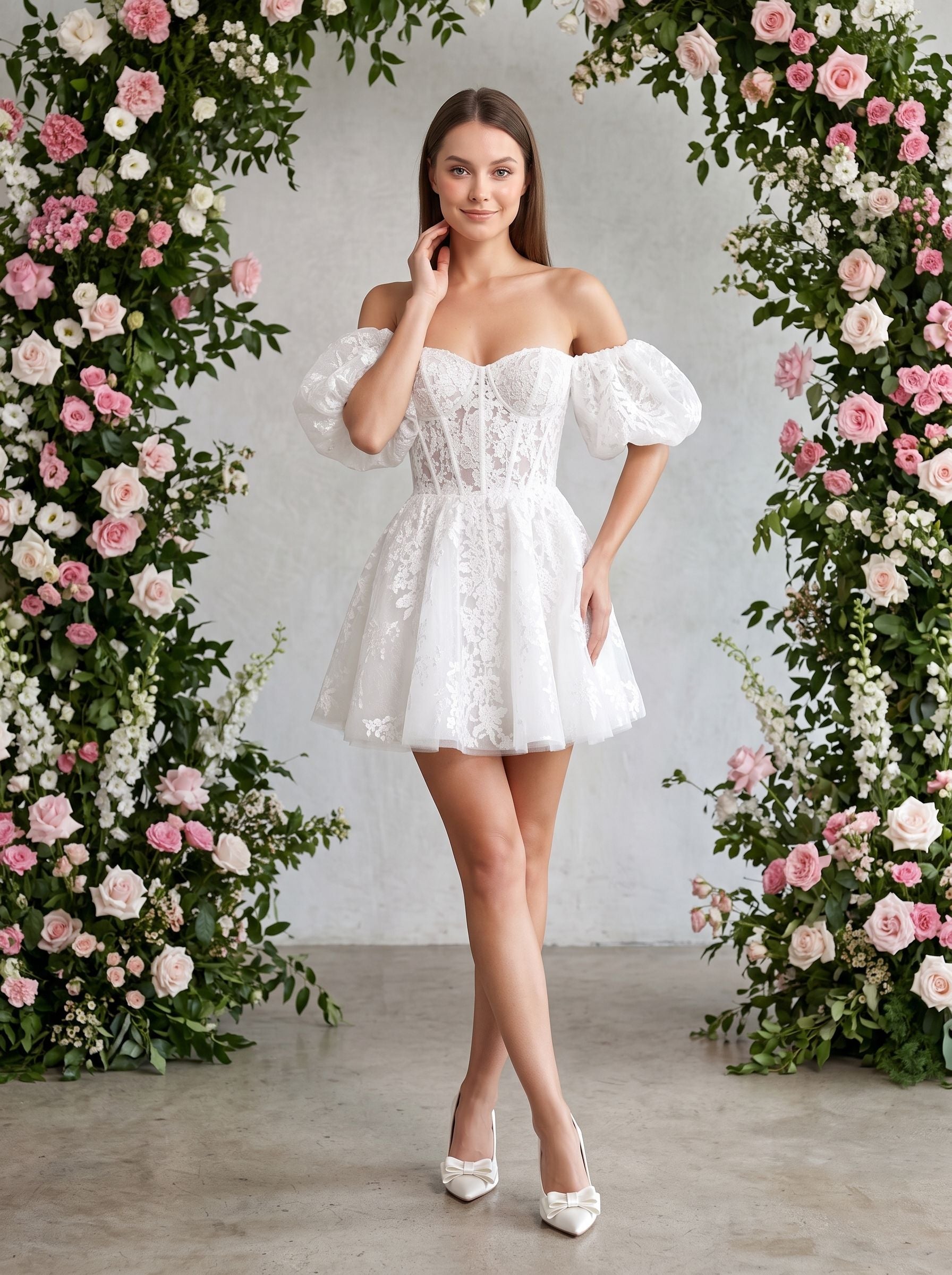 Ivory Lace A-Line Off-the-Shoulder Back Zip Short Dress with Scalloped Lace Trim - Curvevia