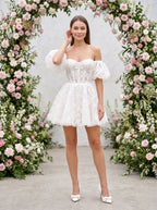 Ivory Lace A-Line Off-the-Shoulder Back Zip Short Dress with Scalloped Lace Trim - Curvevia