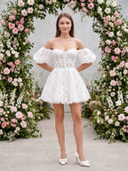 Ivory Lace A-Line Off-the-Shoulder Back Zip Short Dress with Scalloped Lace Trim - Curvevia