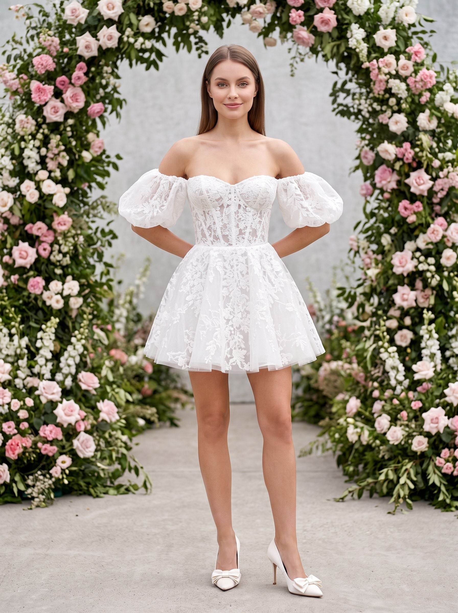 Ivory Lace A-Line Off-the-Shoulder Back Zip Short Dress with Scalloped Lace Trim - Curvevia