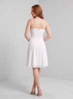 Ivory Lace A-Line Square Neck Back Zip Mini Dress with Floral Lace Overlay - Curvevia
