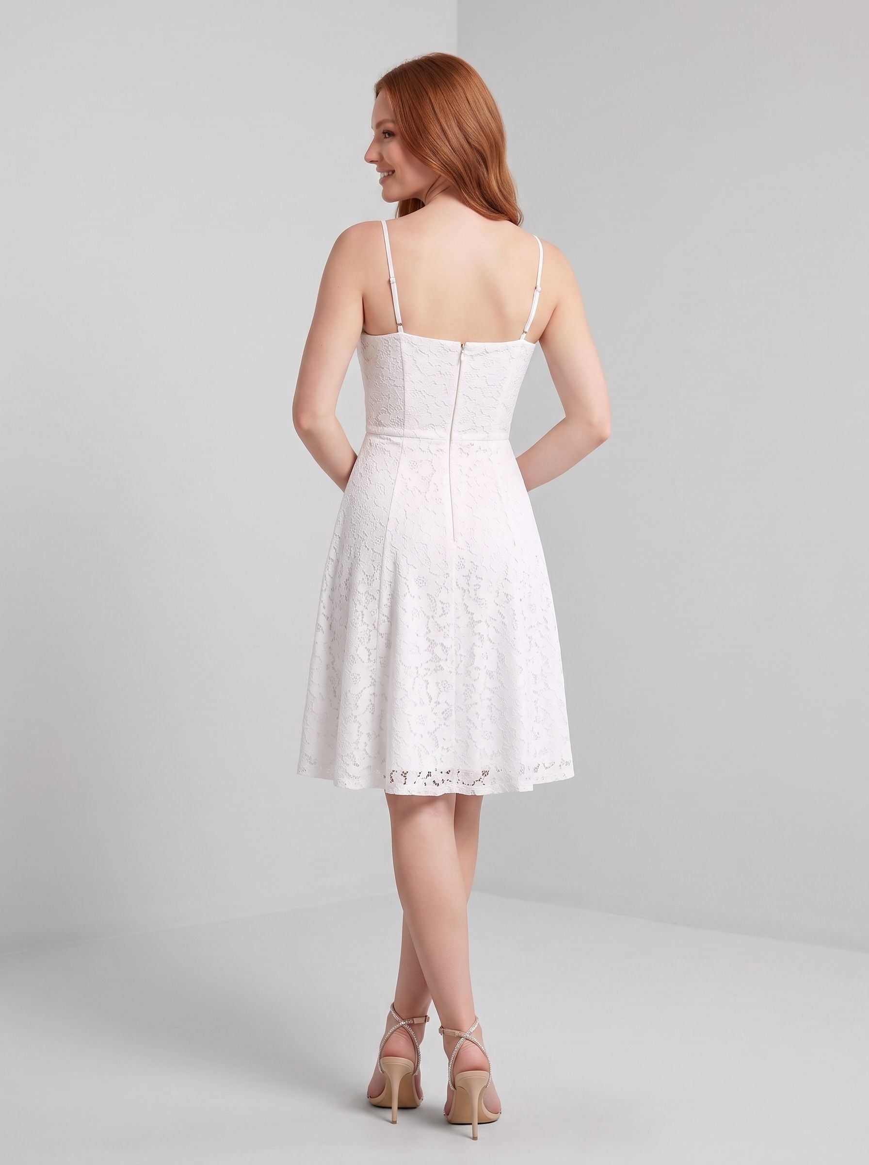 Ivory Lace A-Line Square Neck Back Zip Mini Dress with Floral Lace Overlay - Curvevia