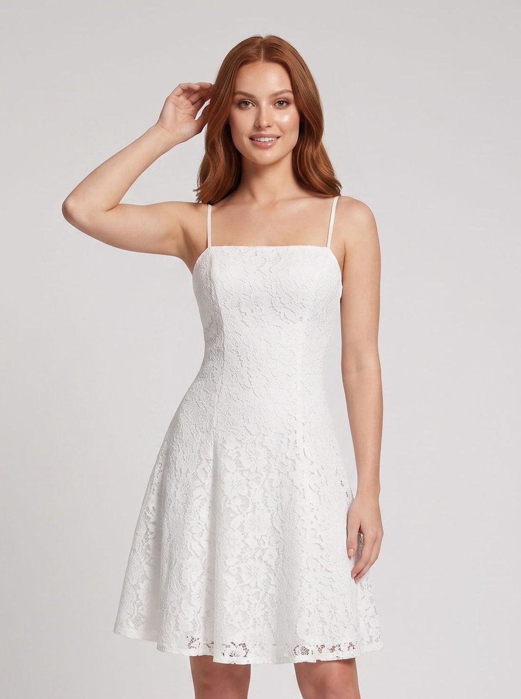 Ivory Lace A-Line Square Neck Back Zip Mini Dress with Floral Lace Overlay - Curvevia