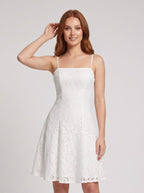 Ivory Lace A-Line Square Neck Back Zip Mini Dress with Floral Lace Overlay - Curvevia