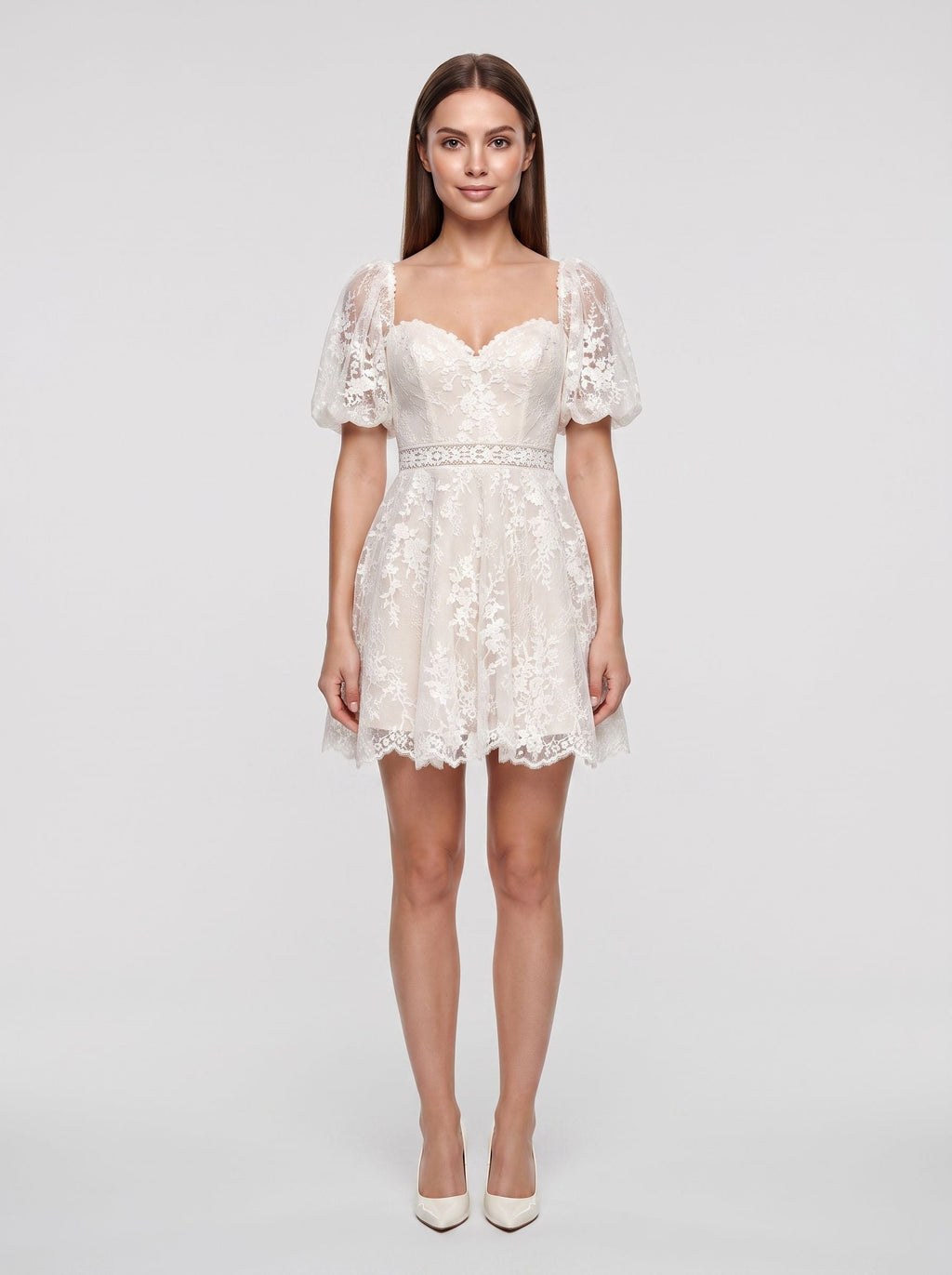 Ivory Lace A-Line Sweetheart Back Zip Short Dress with Puff Sleeves and Scalloped Hem - Curvevia