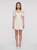 Ivory Lace A-Line Sweetheart Back Zip Short Dress with Puff Sleeves and Scalloped Hem - Curvevia
