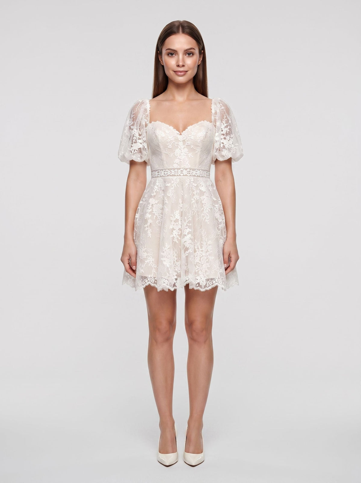 Ivory Lace A-Line Sweetheart Back Zip Short Dress with Puff Sleeves and Scalloped Hem - Curvevia