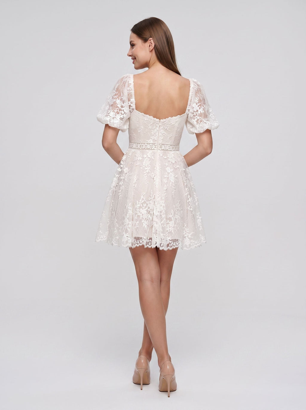 Ivory Lace A-Line Sweetheart Back Zip Short Dress with Puff Sleeves and Scalloped Hem - Curvevia