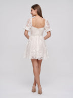 Ivory Lace A-Line Sweetheart Back Zip Short Dress with Puff Sleeves and Scalloped Hem - Curvevia