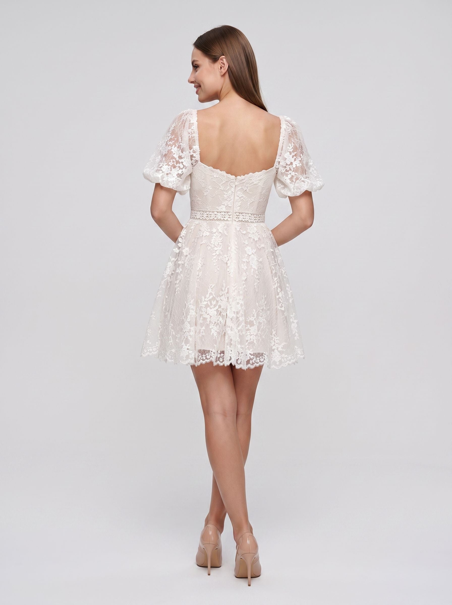 Ivory Lace A-Line Sweetheart Back Zip Short Dress with Puff Sleeves and Scalloped Hem - Curvevia