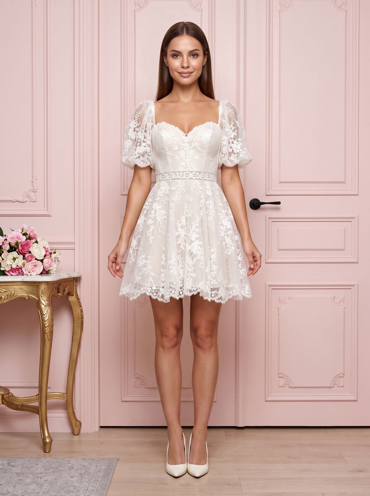 Ivory Lace A-Line Sweetheart Back Zip Short Dress with Puff Sleeves and Scalloped Hem - Curvevia