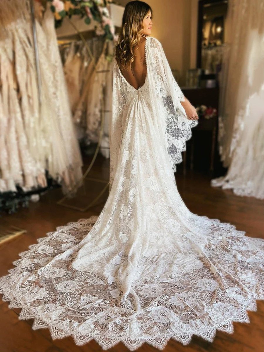 Ivory Long Sleeve Cape Lace Mermaid Wedding Dress with Appliques - Curvevia