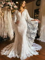 Ivory Long Sleeve Cape Lace Mermaid Wedding Dress with Appliques - Curvevia