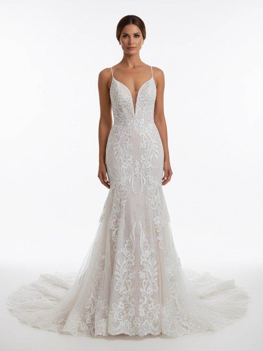 Ivory Mermaid Spaghetti Straps Backless Long Lace Wedding Dress - Curvevia