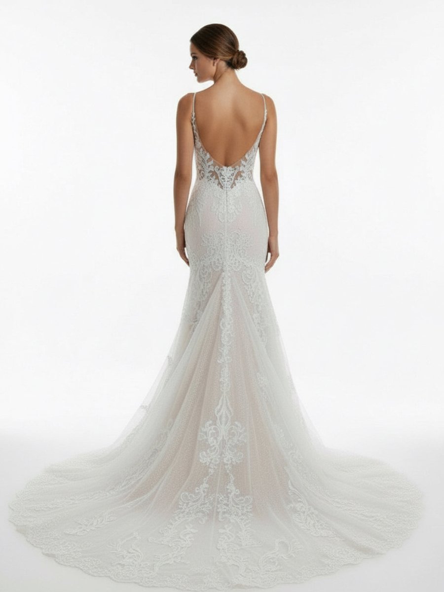 Ivory Mermaid Spaghetti Straps Backless Long Lace Wedding Dress - Curvevia