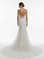 Ivory Mermaid Spaghetti Straps Backless Long Lace Wedding Dress - Curvevia