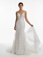 Ivory Mermaid Spaghetti Straps Backless Long Lace Wedding Dress - Curvevia