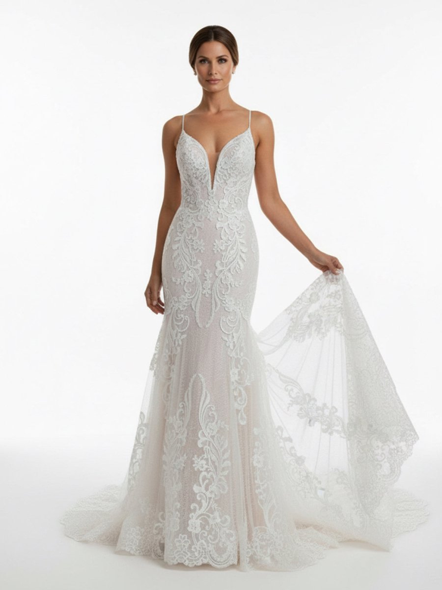 Ivory Mermaid Spaghetti Straps Backless Long Lace Wedding Dress - Curvevia