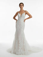 Ivory Mermaid Spaghetti Straps Backless Long Lace Wedding Dress - Curvevia