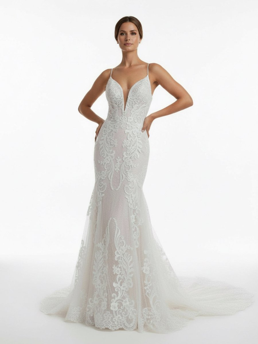 Ivory Mermaid Spaghetti Straps Backless Long Lace Wedding Dress - Curvevia