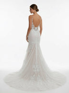 Ivory Mermaid Spaghetti Straps Backless Long Lace Wedding Dress - Curvevia