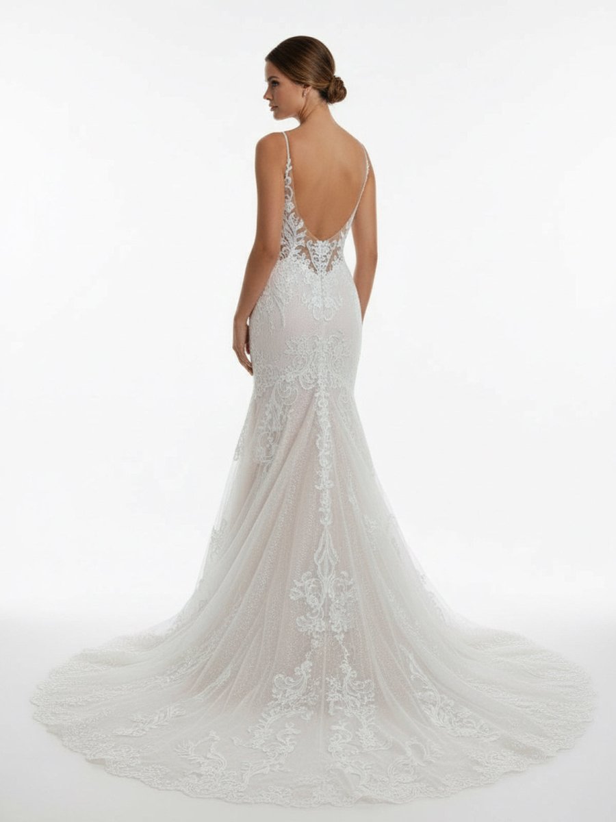 Ivory Mermaid Spaghetti Straps Backless Long Lace Wedding Dress - Curvevia