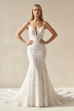 Ivory Mermaid Spaghetti Straps Backless Long Lace Wedding Dress - Curvevia