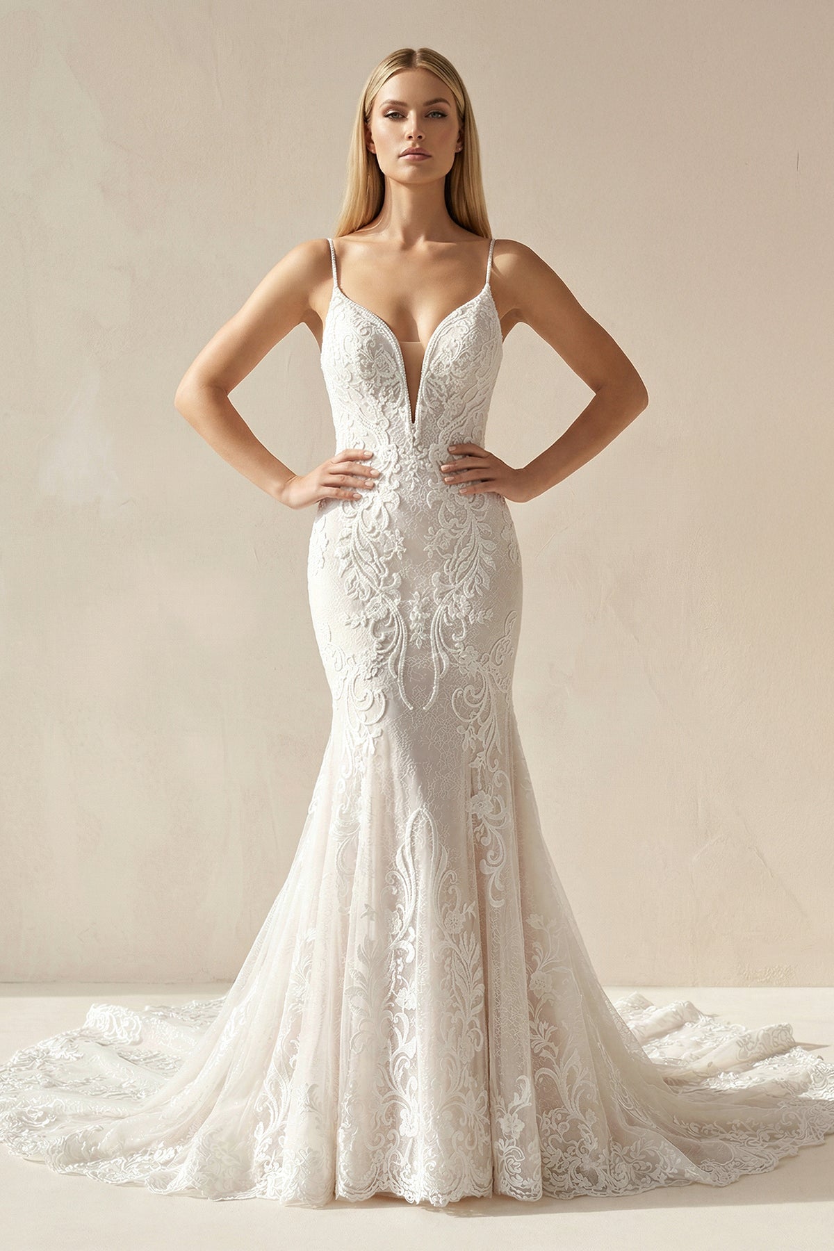 Ivory Mermaid Spaghetti Straps Backless Long Lace Wedding Dress - Curvevia