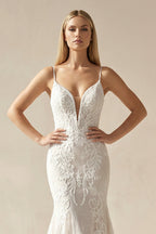 Ivory Mermaid Spaghetti Straps Backless Long Lace Wedding Dress - Curvevia