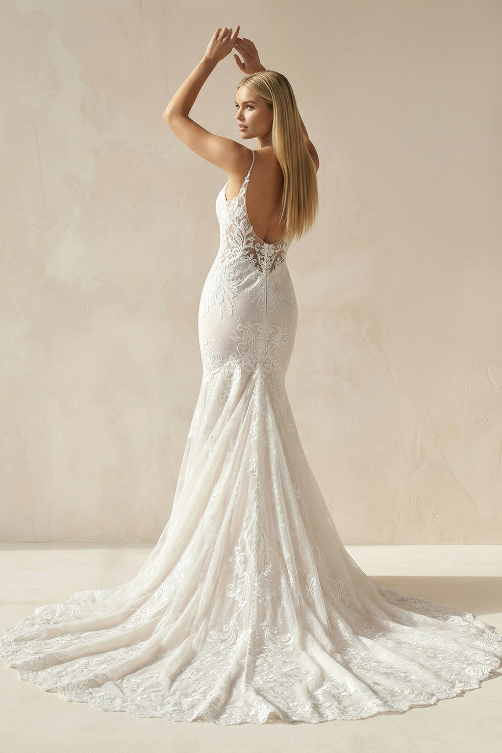 Ivory Mermaid Spaghetti Straps Backless Long Lace Wedding Dress - Curvevia