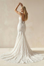 Ivory Mermaid Spaghetti Straps Backless Long Lace Wedding Dress - Curvevia
