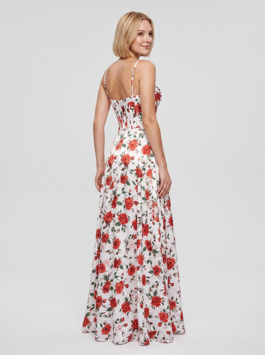 Red Print Satin A-Line Straight Neck Corset Back Floor-Length Dress with Side Slit - Curvevia