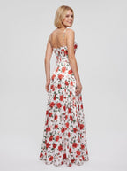 Red Print Satin A-Line Straight Neck Corset Back Floor-Length Dress with Side Slit - Curvevia