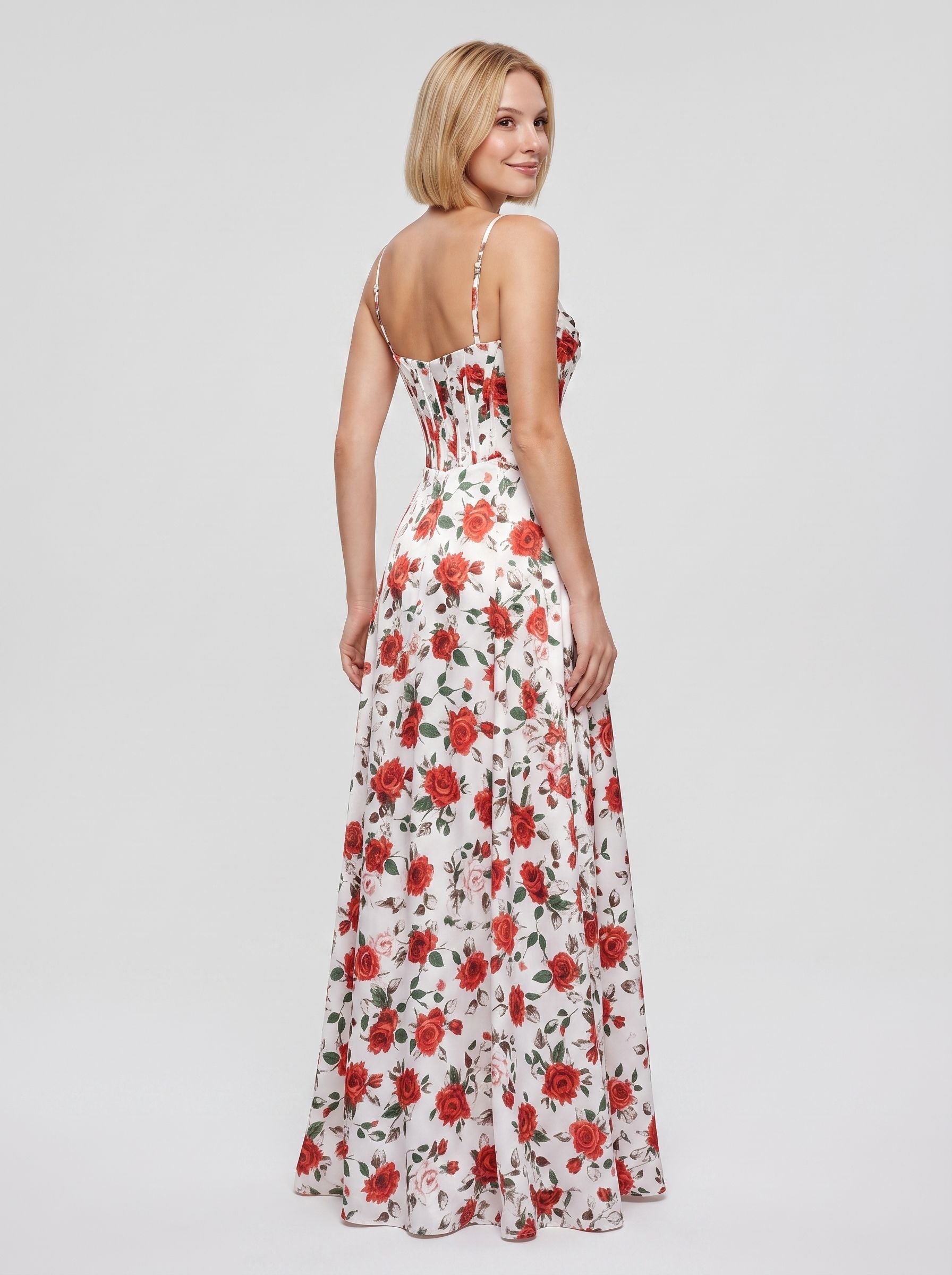 Red Print Satin A-Line Straight Neck Corset Back Floor-Length Dress with Side Slit - Curvevia