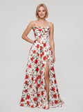 Red Print Satin A-Line Straight Neck Corset Back Floor-Length Dress with Side Slit - Curvevia