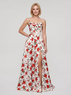 Red Print Satin A-Line Straight Neck Corset Back Floor-Length Dress with Side Slit - Curvevia