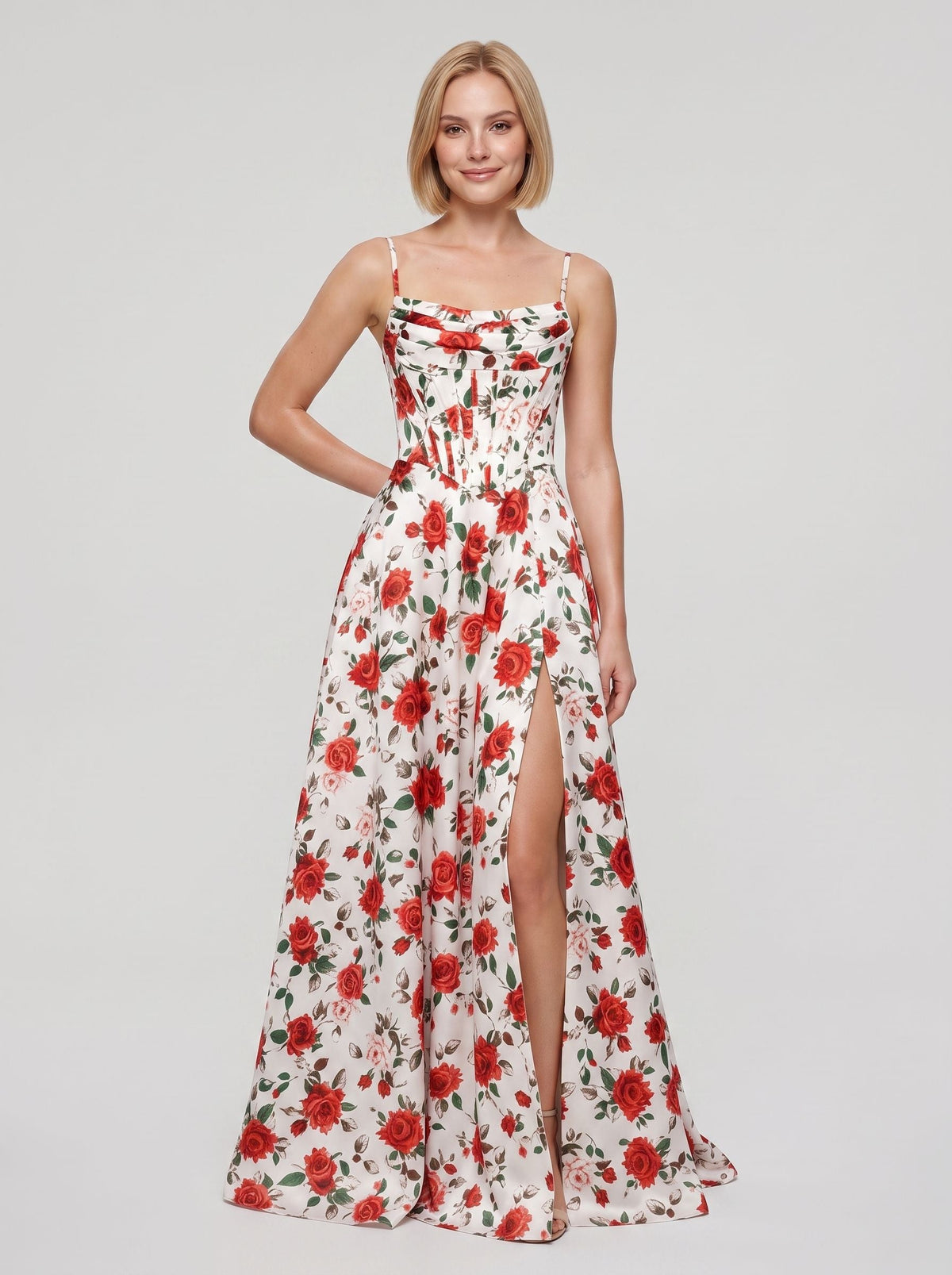 Red Print Satin A-Line Straight Neck Corset Back Floor-Length Dress with Side Slit - Curvevia