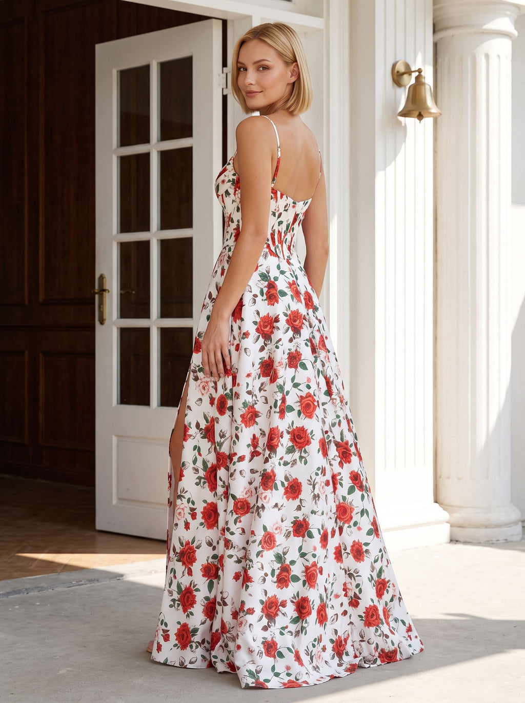 Red Print Satin A-Line Straight Neck Corset Back Floor-Length Dress with Side Slit - Curvevia