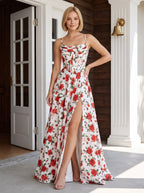 Red Print Satin A-Line Straight Neck Corset Back Floor-Length Dress with Side Slit - Curvevia