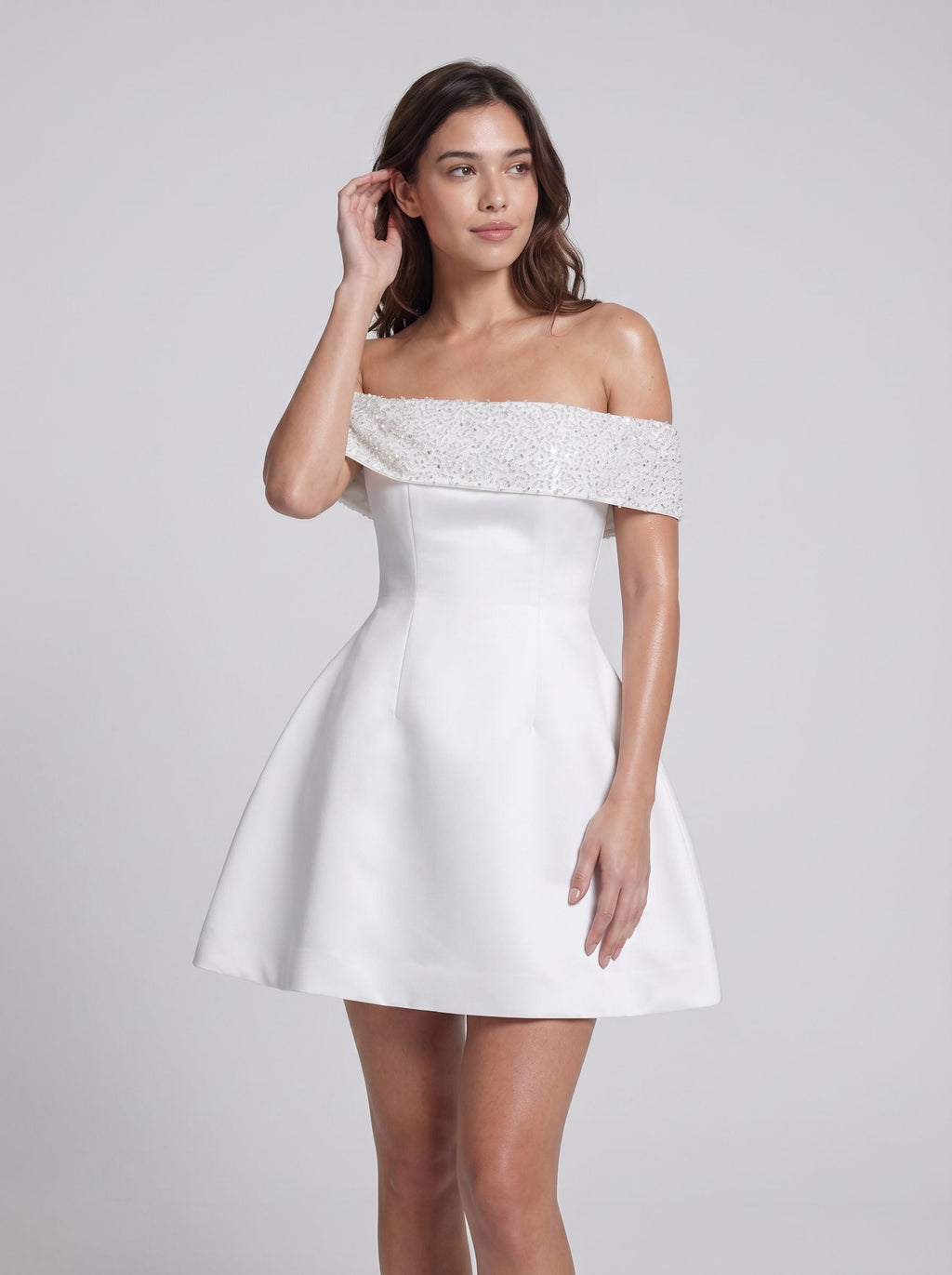 Ivory Satin A-Line Off-the-Shoulder Back Zip Short Dress with Bubble Hem - Curvevia